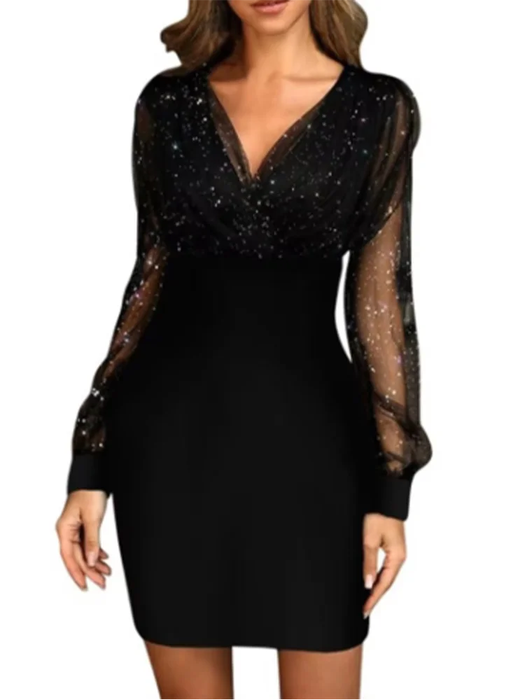 Sexy V-Neck See Through Long Sleeve Dress Women Spring Autumn Party Mini Dresses