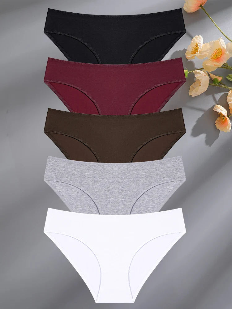 FINETOO 5PCS Set Women's Cotton Lingerie Panties S-XL Sexy Solid Color Underwear Briefs
