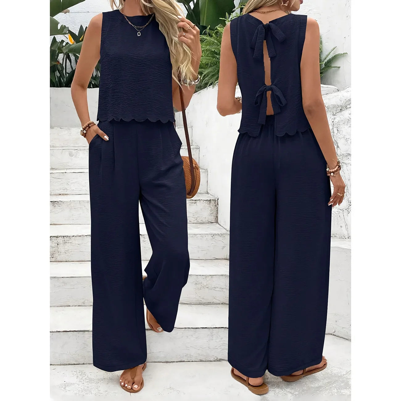 Casual set, wide pants, sleeveless blouse, open back with tie, detail on the hem of the blouse