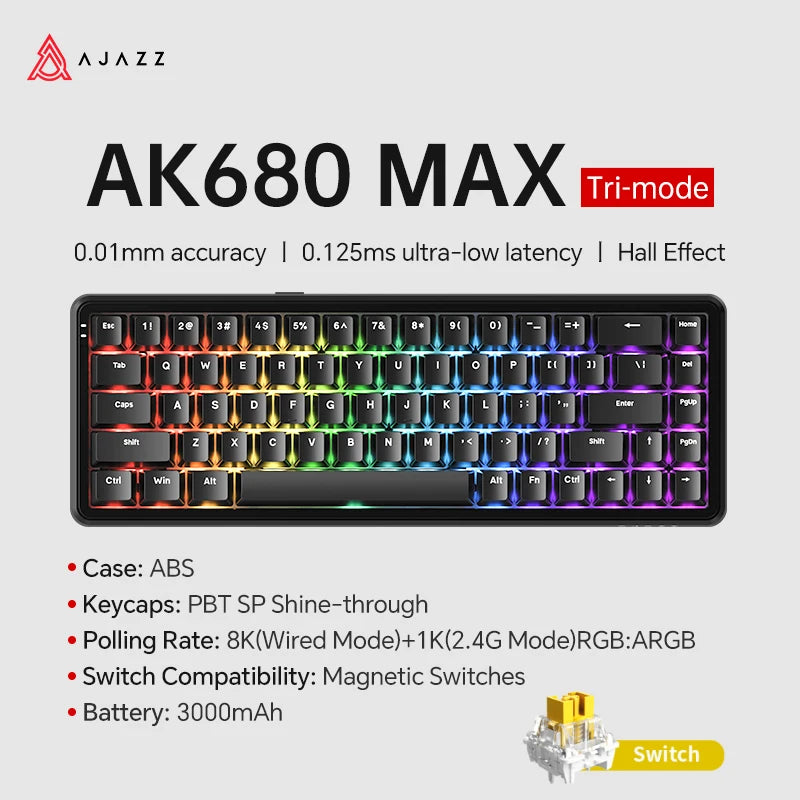 AJAZZ AK680 MAX Mechanical Keyboard HE Hall Effect Switch 60% 8k/1K RGB Wired/Wireless