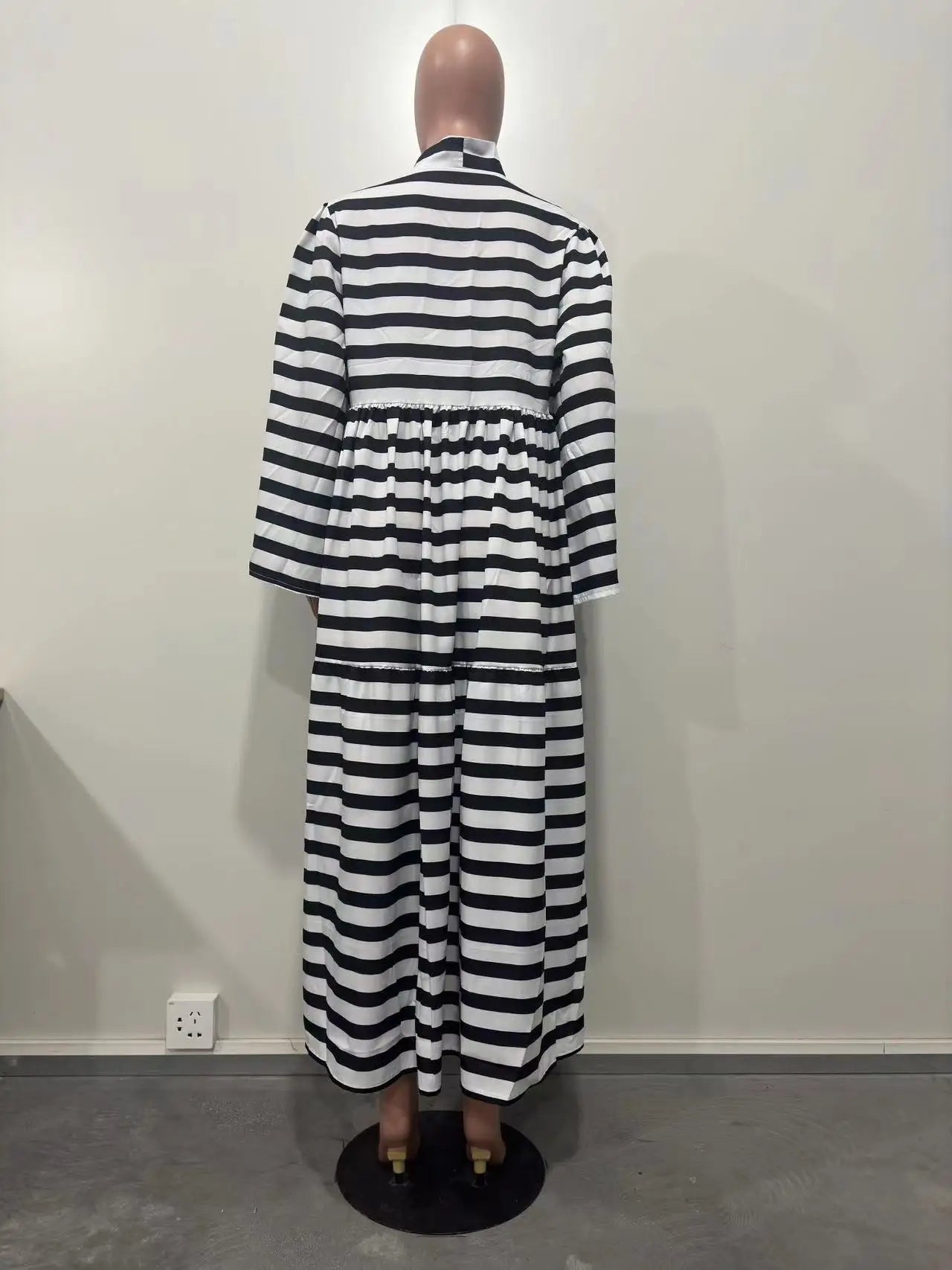 Vintage Women Striped Bowknot Collar Long Sleeve High Waist Big Swing Babydoll Maxi Long Dress New Vestidos Dresses