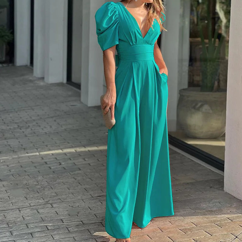 Full Size Cutout V-Neck Puff Sleeve Jumpsuit Plus Size