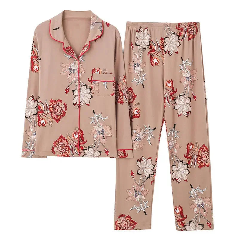 Autumn Women's 100% Cotton Long Sleeve Pajama Set Middle-aged Elderly Thin Cardigan Suitable For Home Wear