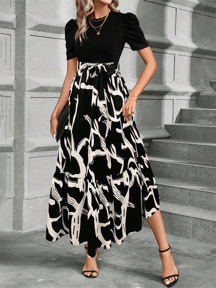 NEW Women's Round Neck Long Sleeve Dress, Patchwork Print & Pleated Maxi Dress With Waist Bow For Spring & Fall