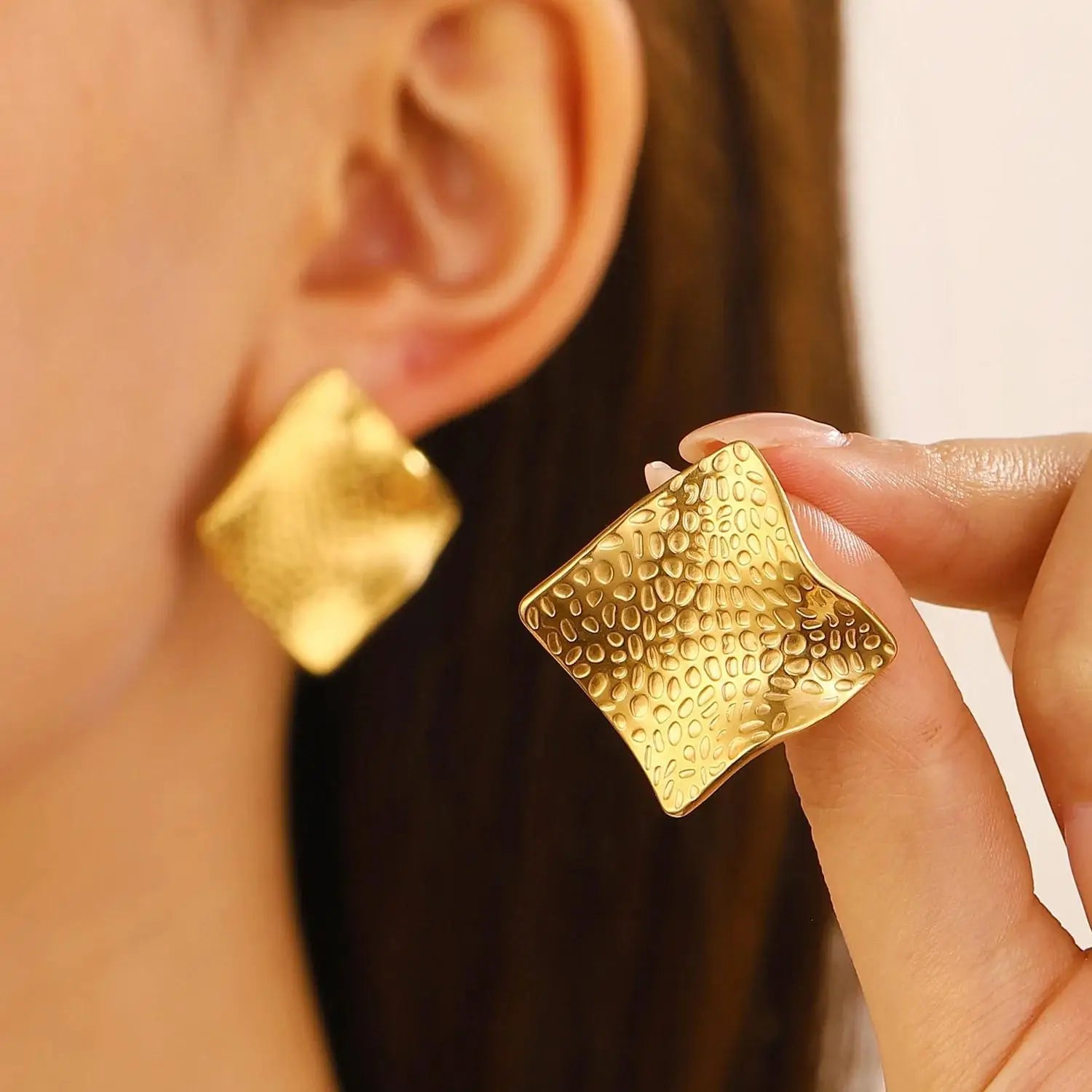 Vintage Pleated Geometric Earrings – Stainless Steel Statement Studs