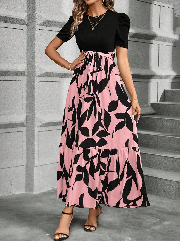 NEW Women's Round Neck Long Sleeve Dress, Patchwork Print & Pleated Maxi Dress With Waist Bow For Spring & Fall