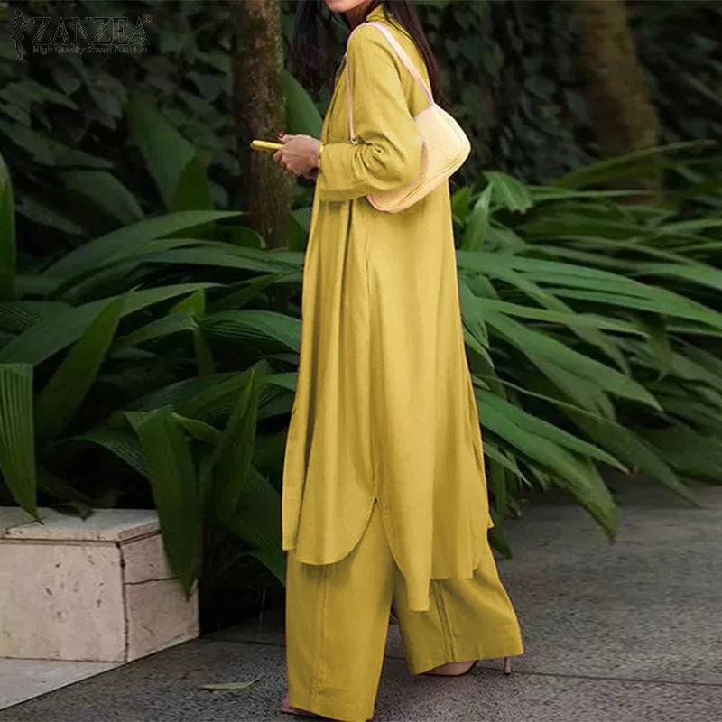 Women's Two Piece Pant Set With Wide Leg Pants And Long Sleeve Shirt