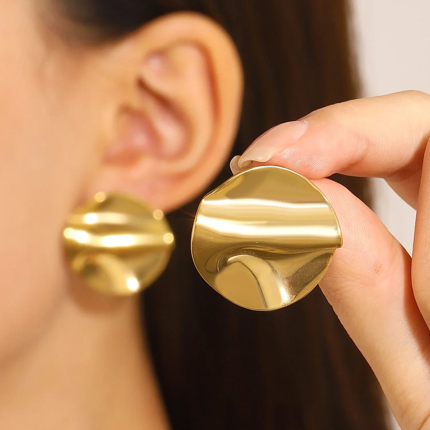 Vintage Pleated Geometric Earrings – Stainless Steel Statement Studs