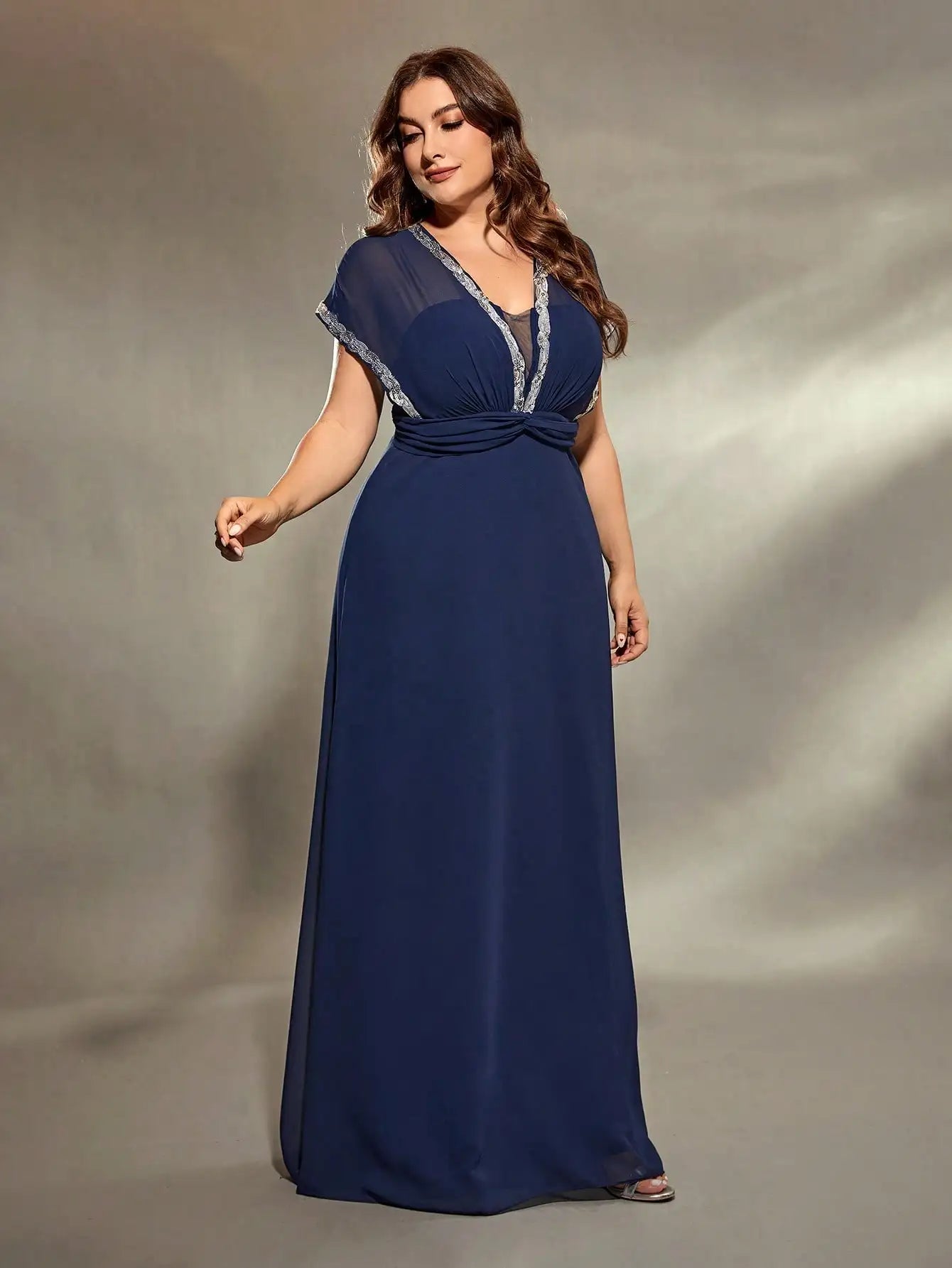 Plus Size Silver Sequin Lace A-Line Gown