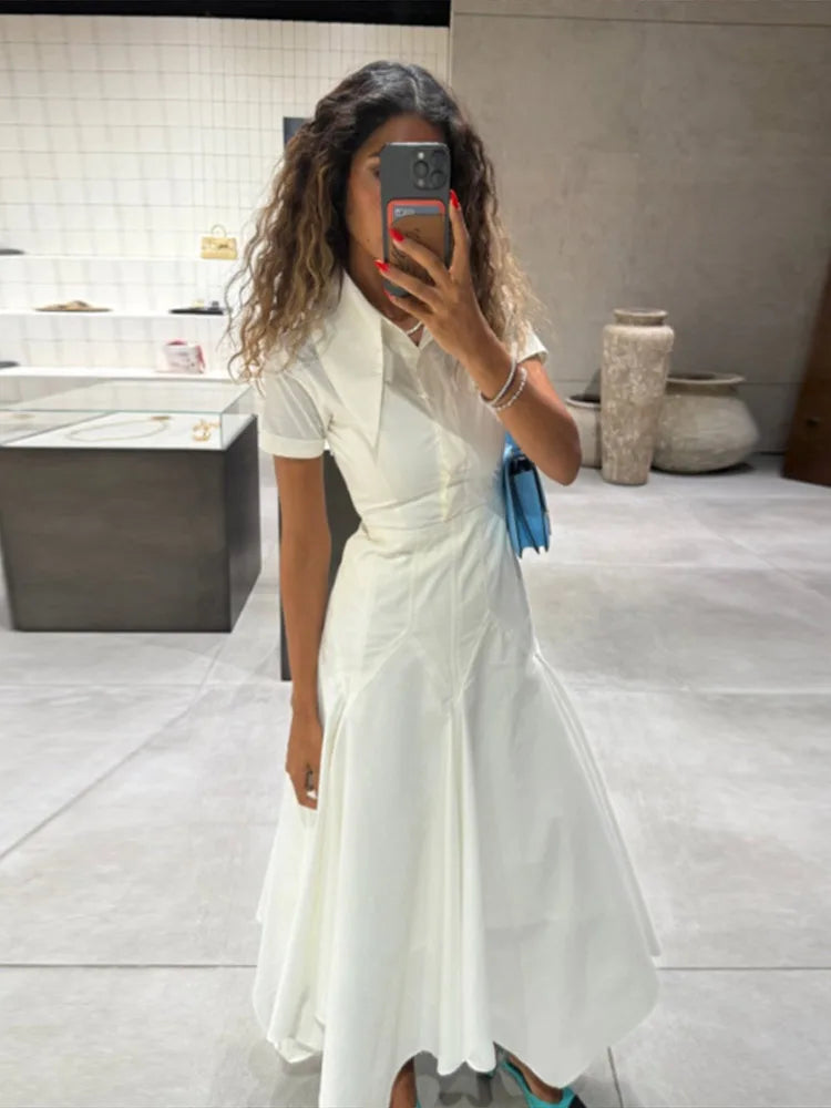 Fashion Women's Shirt Style Dress Turn-Down Collar Short Sleeve Solid Lady Dresses Irregular 2025 Summer Elegant Female Robe
