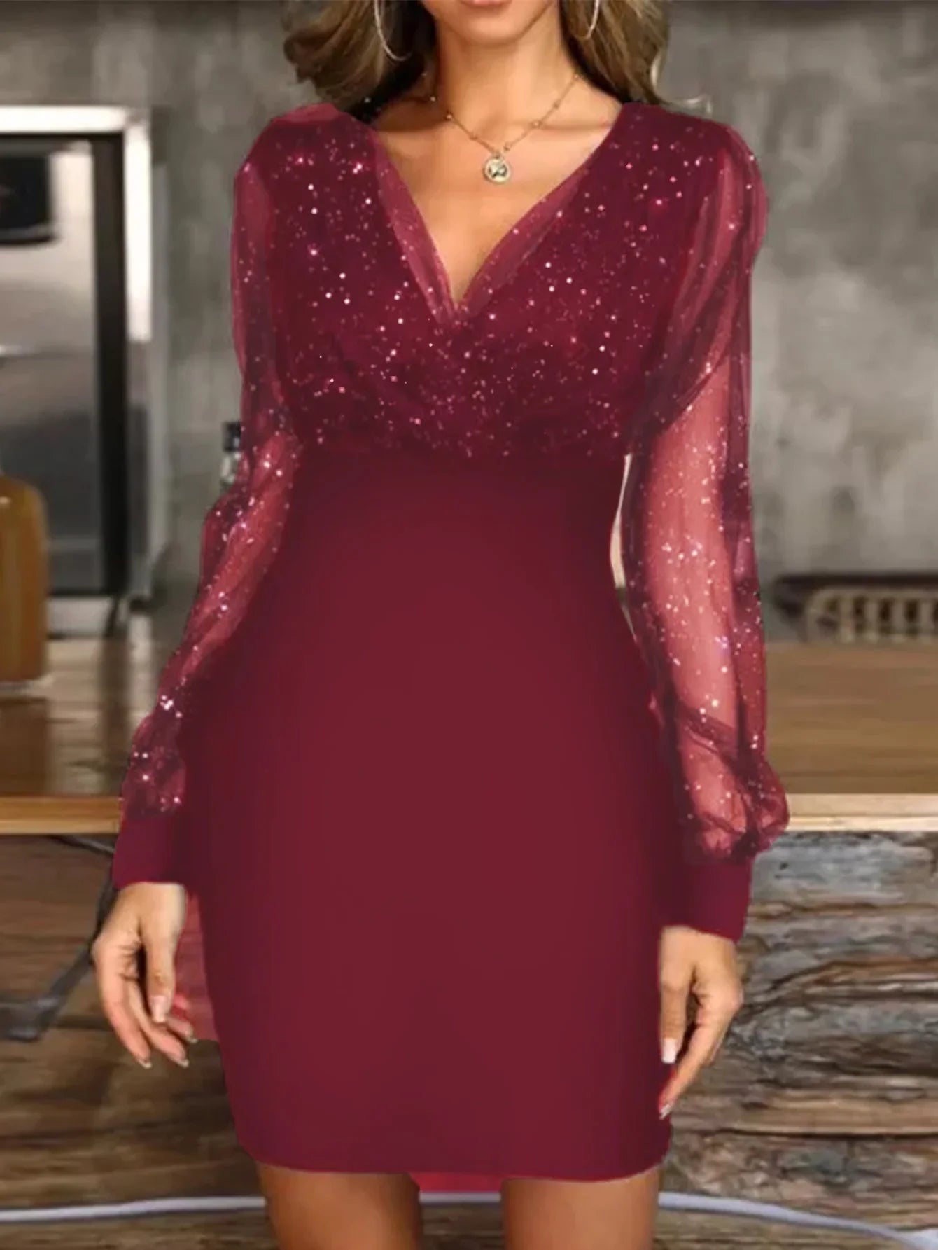 Sexy V-Neck See Through Long Sleeve Dress Women Spring Autumn Party Mini Dresses