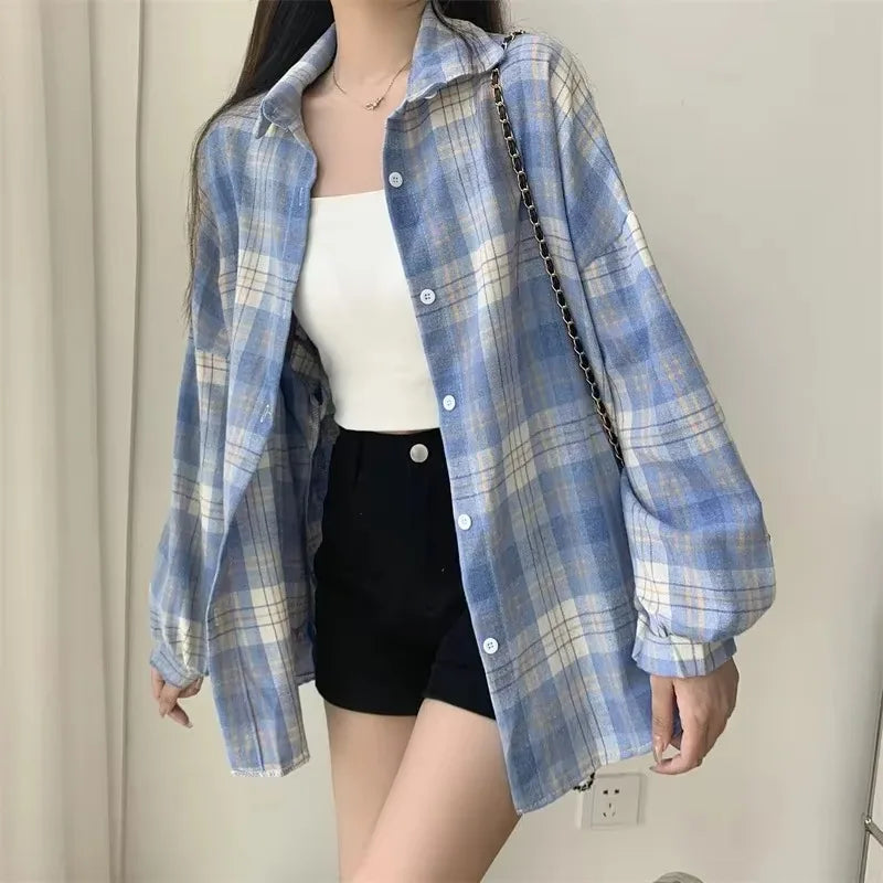 Women’s Plaid Shirt – Autumn Long Sleeve Vintage Loose Blouse, Casual Preppy Style Check Top