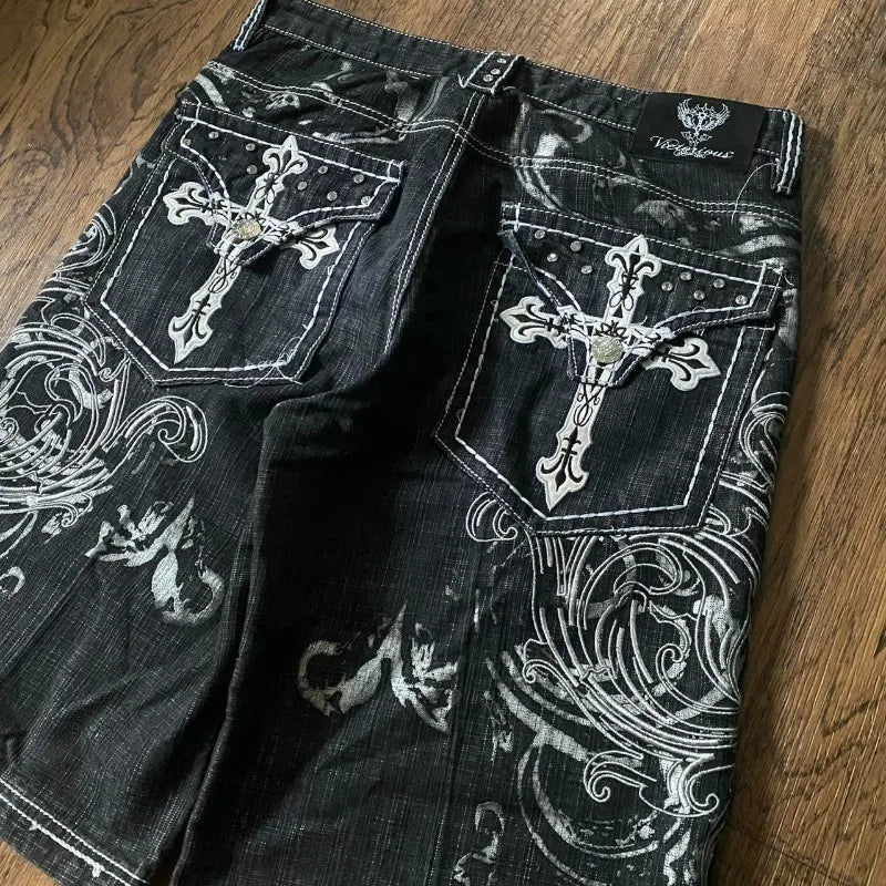 Graphic Printed Gothic Baggy Jean Shorts