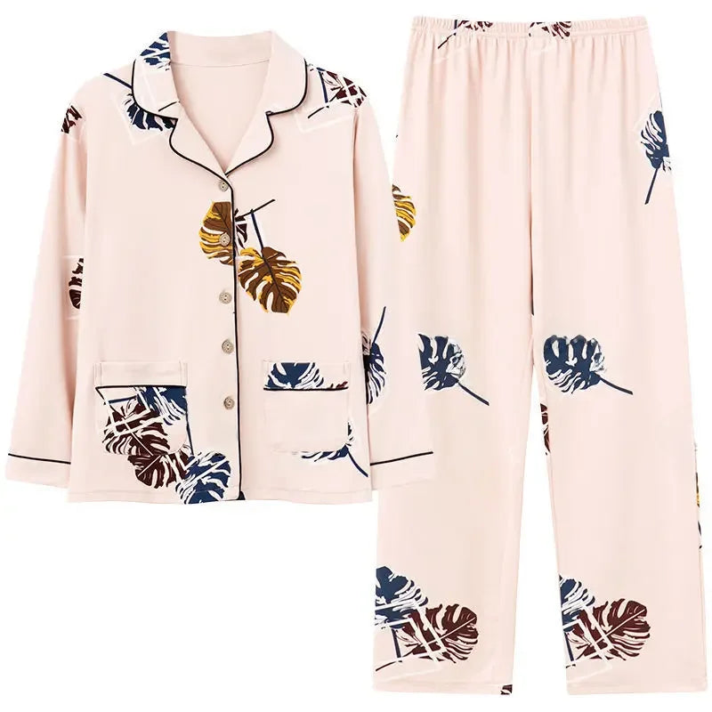 Autumn Women's 100% Cotton Long Sleeve Pajama Set Middle-aged Elderly Thin Cardigan Suitable For Home Wear