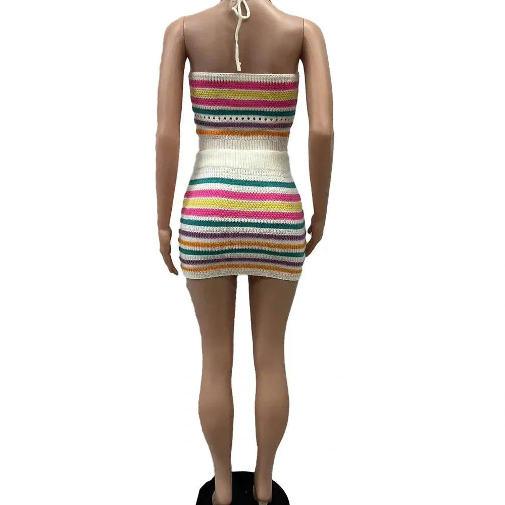 Vacation Outfits for Women - Two Piece Womens Halter Crop Top + Matching Skirt Set