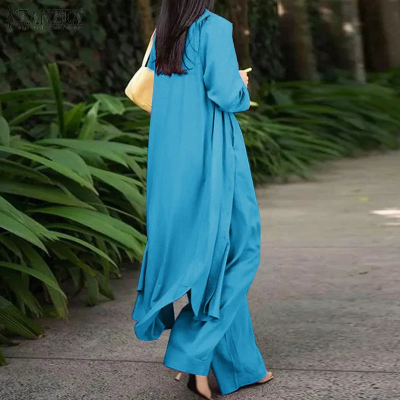 Women's Two Piece Pant Set With Wide Leg Pants And Long Sleeve Shirt