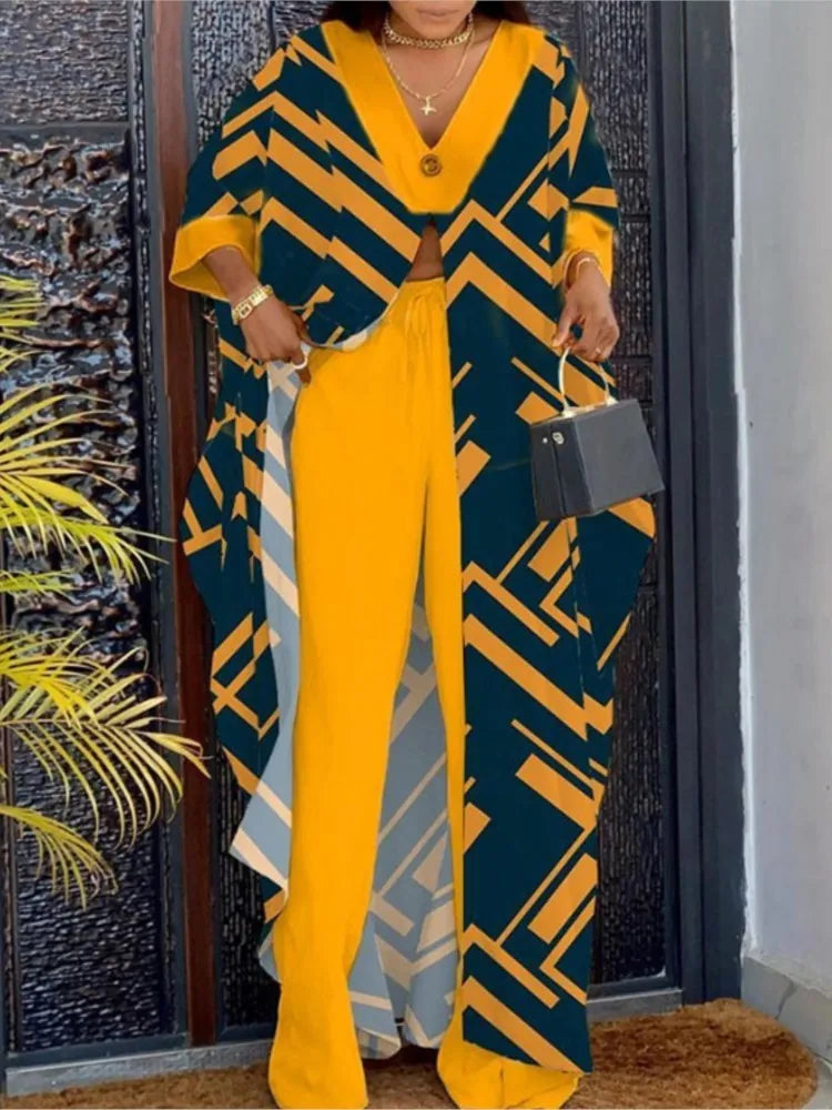 Spring Summer New Women's V-neck Loose Long Sleeved Top Letter Printing Fashion Casual Open Front Women's Pants Set