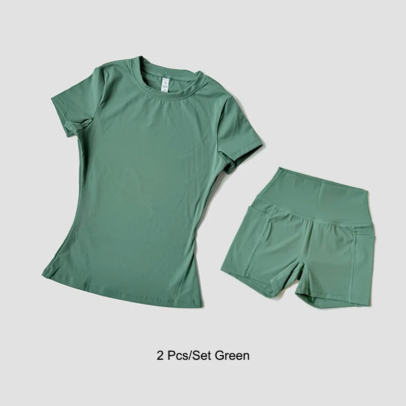 Women's Sports Set Seamless Knitted Short Sleeve