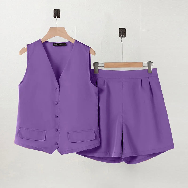 Women Sleeveless Vest Top And Pants Two Piece Office Suit Set