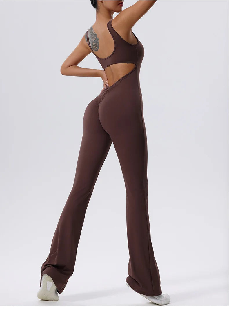 V Back Scrunch Gym Set Women Sport One-Piece Suit Yoga Suit Flared Pants Women Sports Jumpsuit Fitness Rompers Workout Bodysuits