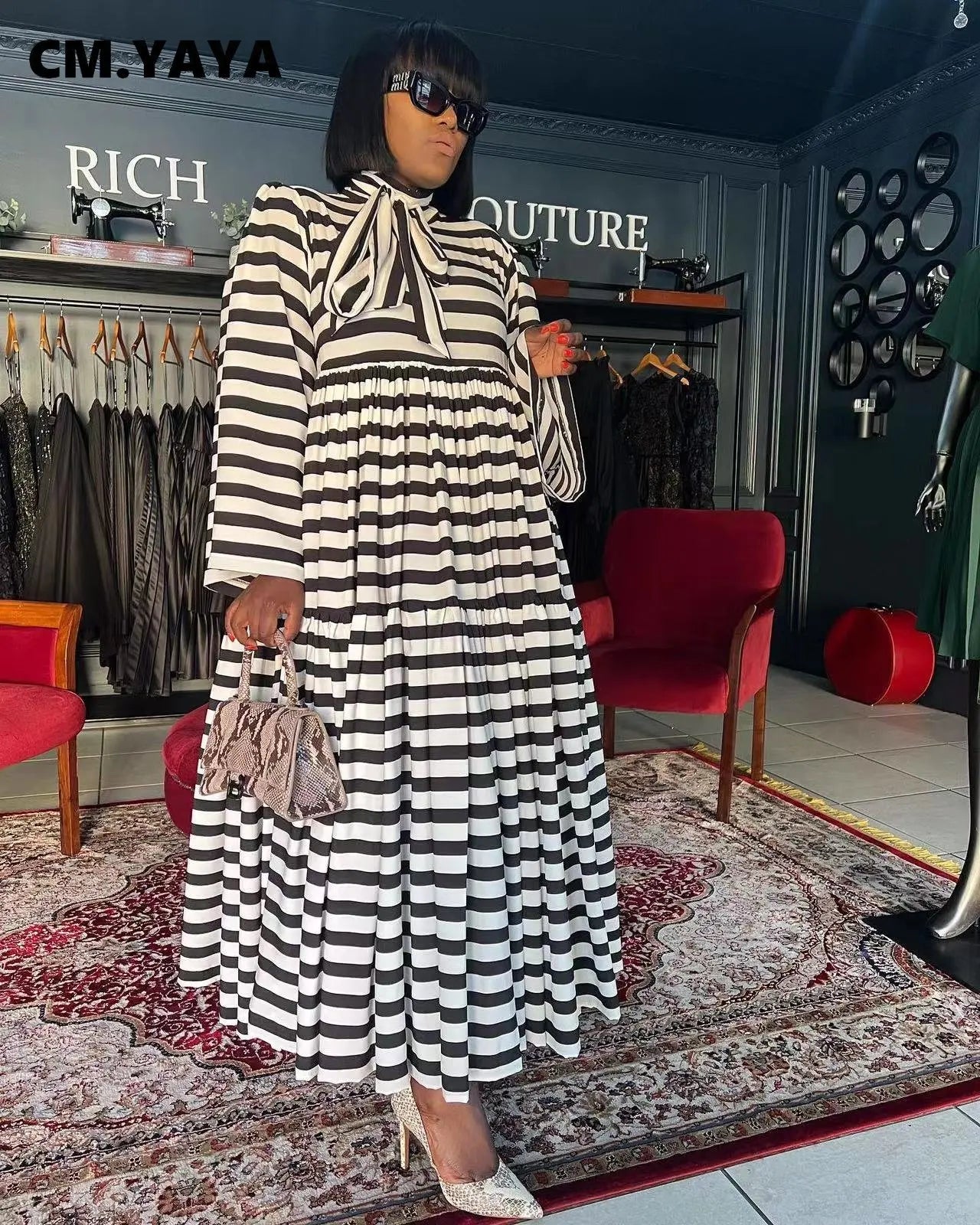 Vintage Women Striped Bowknot Collar Long Sleeve High Waist Big Swing Babydoll Maxi Long Dress New Vestidos Dresses