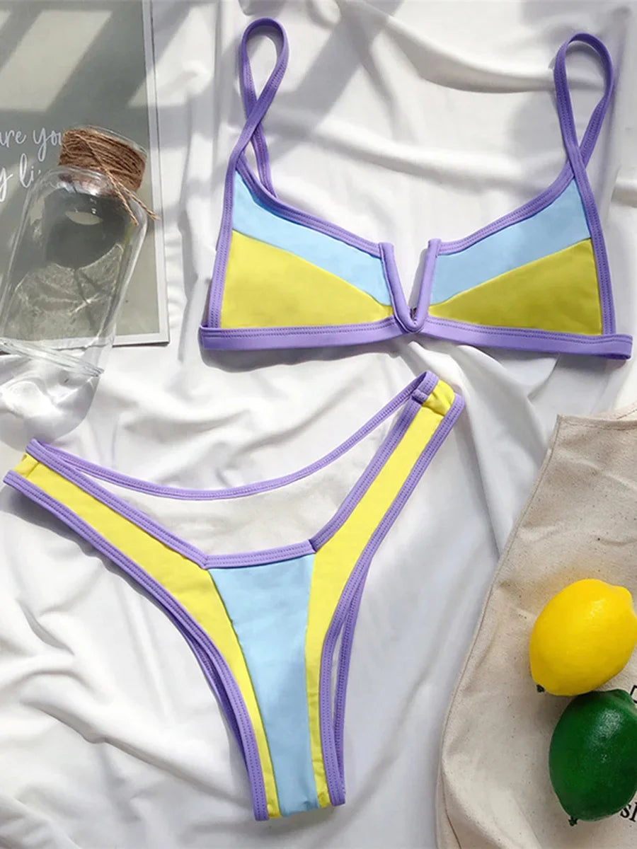 Splicing Denim V Shaped Thong Bikini Women Swimsuit Female Swimwear Two Pieces Bikini Set Bather Push Up Bathing Suit Swim Lady