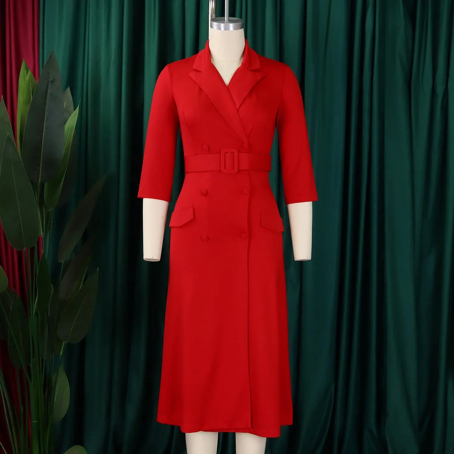 Women Notched Neck Elegant Full Sleeve Midi Dress Work Belt Streetwear Africa Party Club Dresses