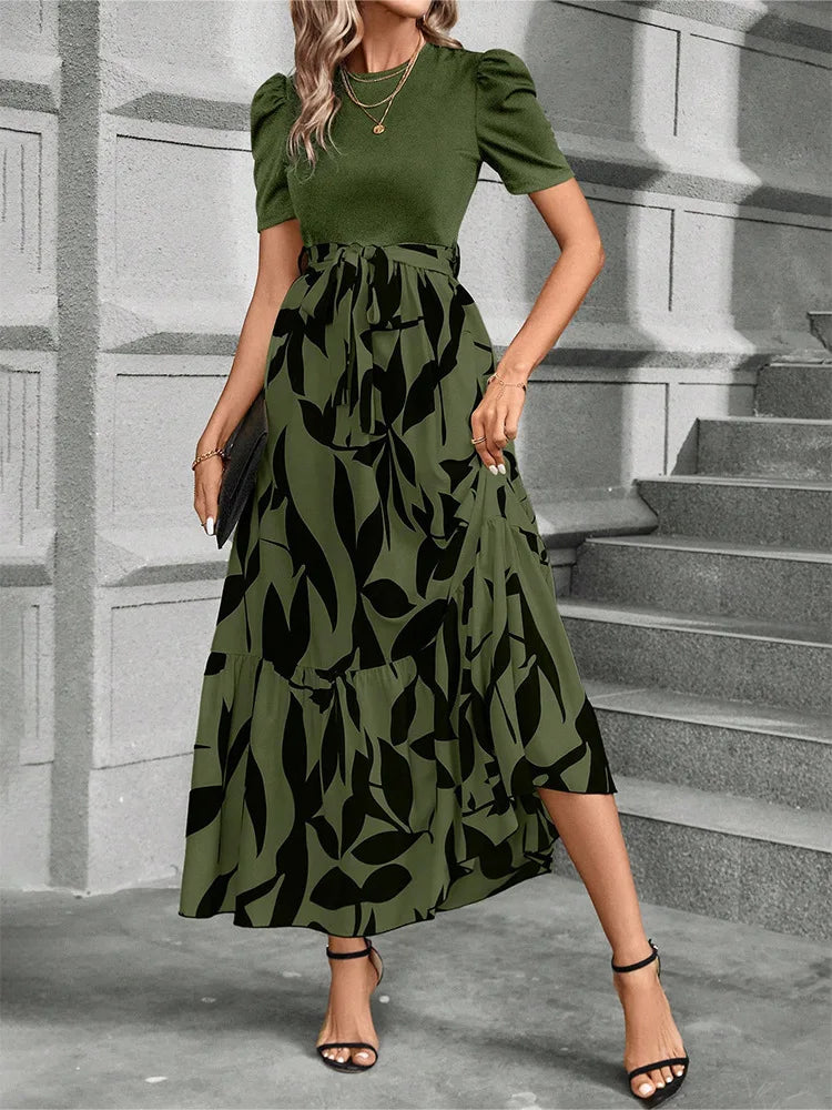 NEW Women's Round Neck Long Sleeve Dress, Patchwork Print & Pleated Maxi Dress With Waist Bow For Spring & Fall