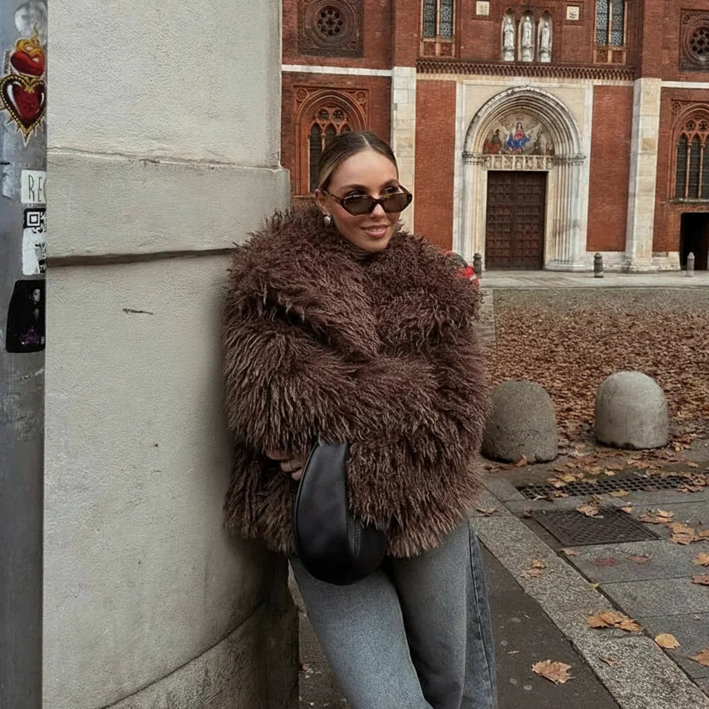 Elarra Faux Fur Shaggy Jacket – Women’s Oversized Mongolian Style Coat for Autumn Winter Outfits