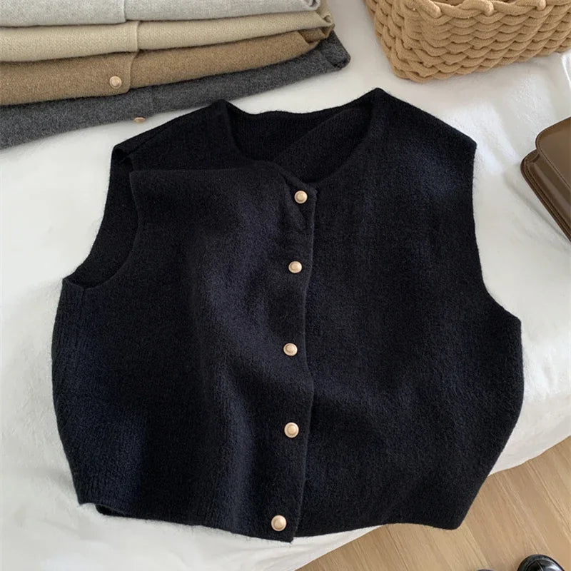 Women's Sleeveless Knit Cardigan - O-Neck Button Vest
