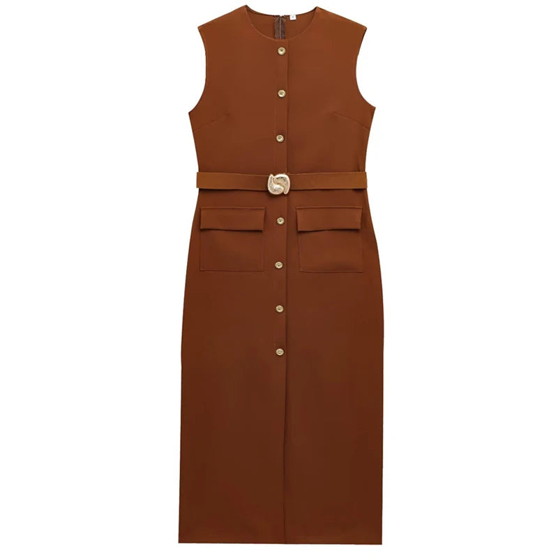 HXAO Red Black Women's Dress Sleeveless Casual Elegant Woman Party Dress Summer Belt Button Long Dresses Tank Midi Dress 088