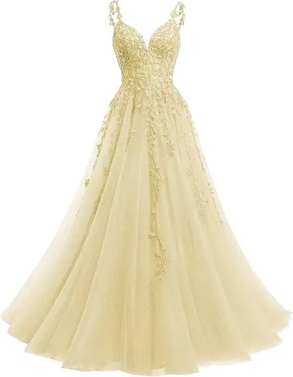 Tulle Lace Appliques Sparkly Prom Dresses A Line with Slit V Neck Formal Party Dress