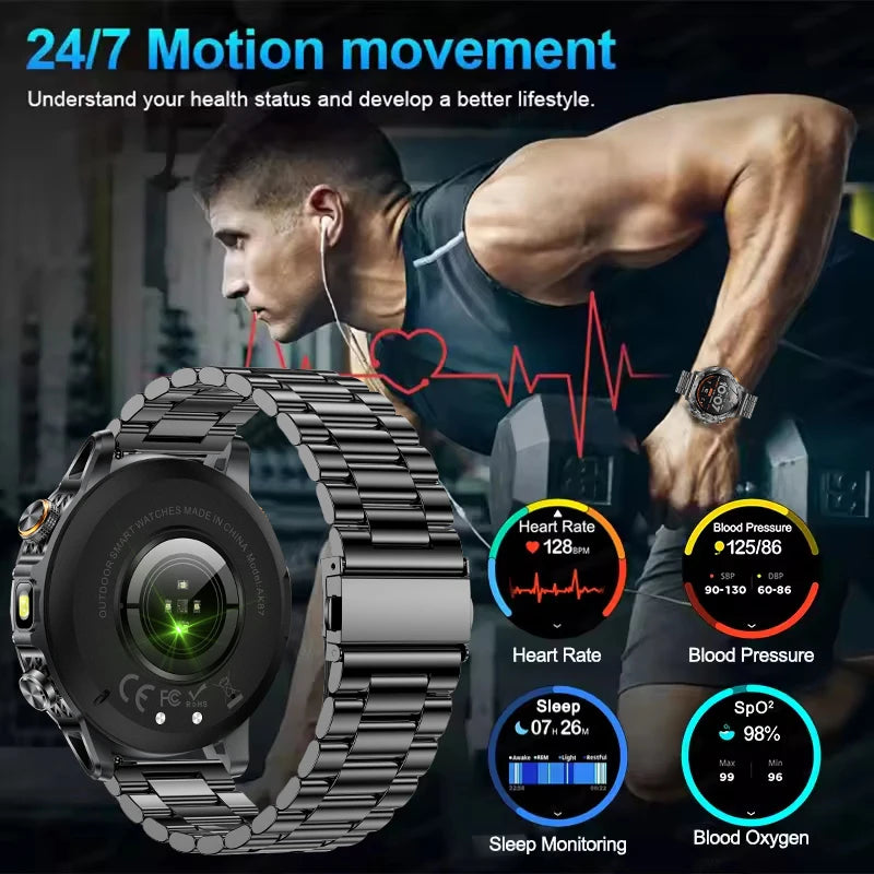 2025 New Military Smart Watch 1000Mah Battery Fitness Tracking 10ATM Waterproof Tactics Sport Flashlight call Bracelet For Men