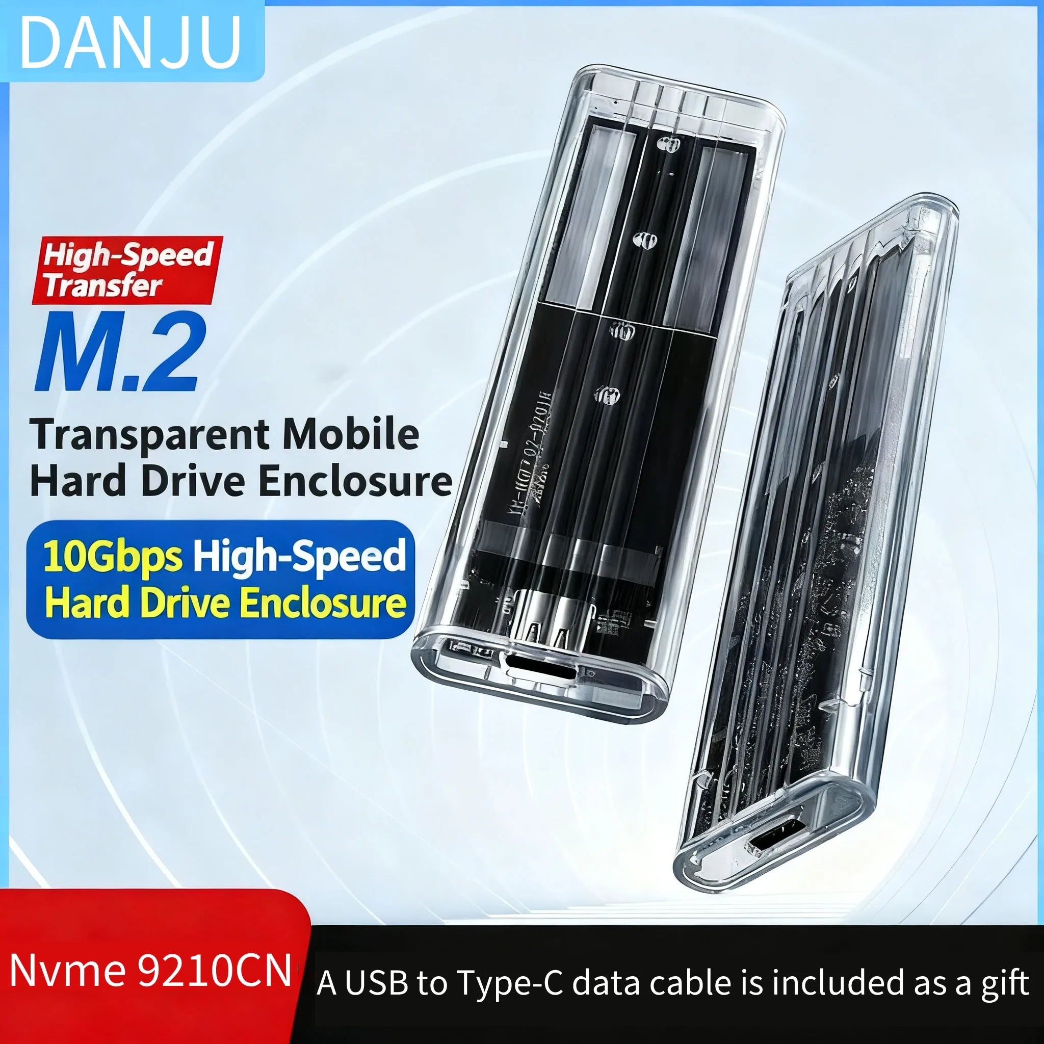 DANJU M.2 Portable Hard Drive NGFF Protocol 10GbpsNVME SSD Transparent outer frame (with data cable included)