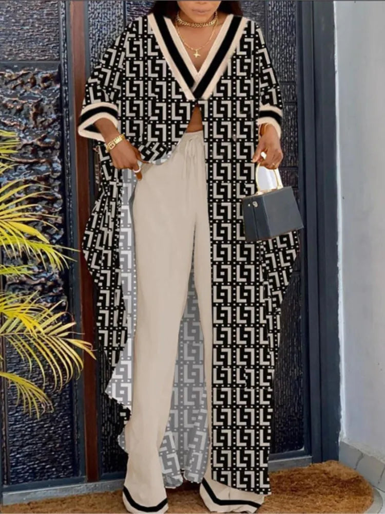 Spring Summer New Women's V-neck Loose Long Sleeved Top Letter Printing Fashion Casual Open Front Women's Pants Set