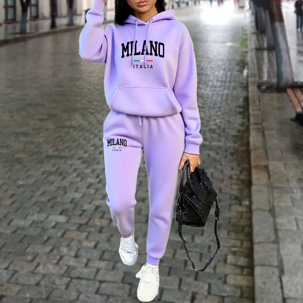 Autumn Winter Women's Sets 2pcs Hoodies Pants Suit Sports Outfits MILANO Letter Print Aesthetic Clothes Ladies Tracksuit