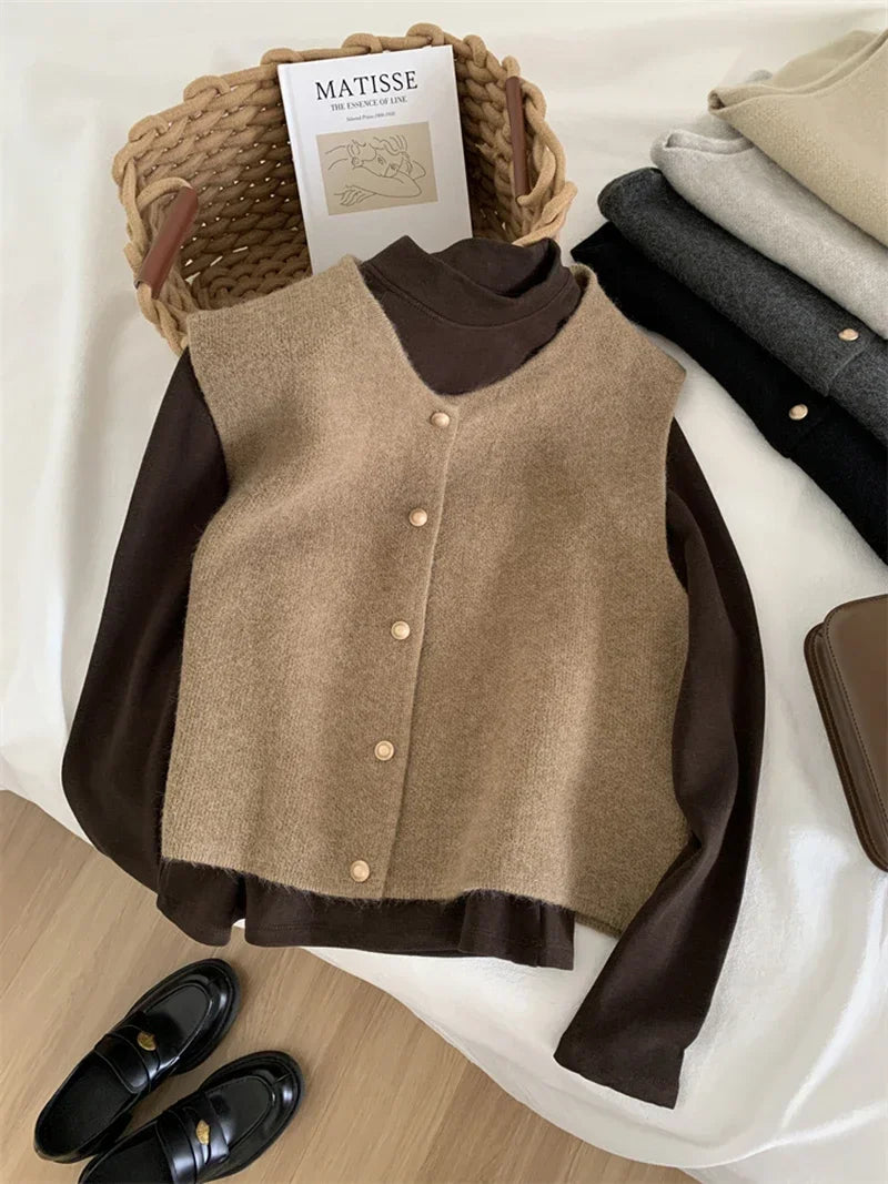Women's Sleeveless Knit Cardigan - O-Neck Button Vest