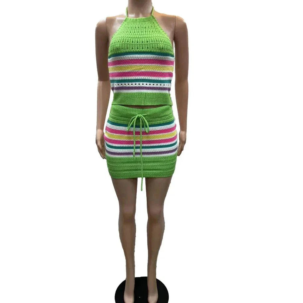 Vacation Outfits for Women - Two Piece Womens Halter Crop Top + Matching Skirt Set