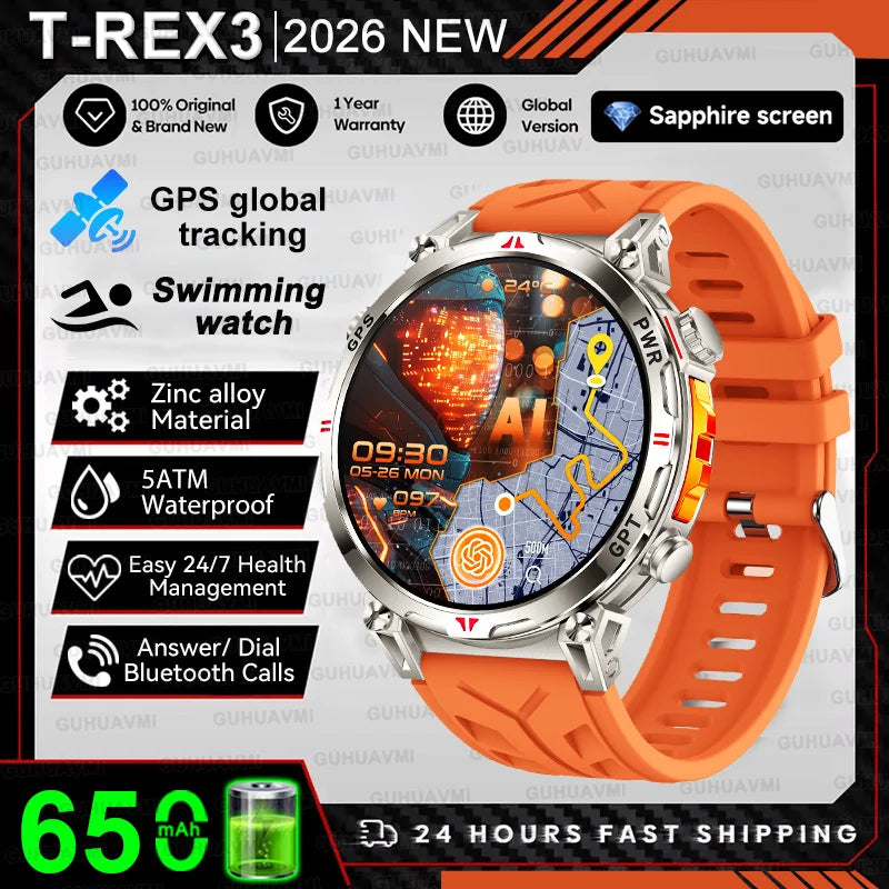2026 New Military T-Rex 3 Ultra GPS Compass Smart Watch For Outdoor Sports 5ATM Waterproof Heart Rate 650mAh Battery Smart Watch