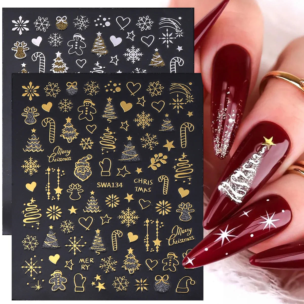 2pcs Gold Silver Christmas 3D Nail Stickers Reflective Glitter Xmas Tree Gingerbread Snowflakes Adhesive Decals Winter Manicure