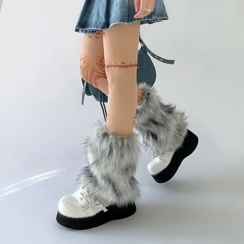 Y2k Vintage Faux Fur Leg Warmers Hot Girl Harajuku Winter Warm Furry Boots Cover Socks Jk Punk Hiphop Cosplay Accessories