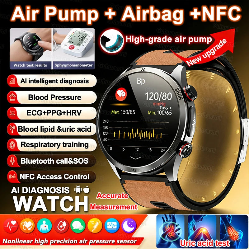 2026 New AI diagnosis Air Pump Blood Pressure Accurate Measure Smart Watches Men Uric Acid ECG Call Health NFC Smartwatch Women