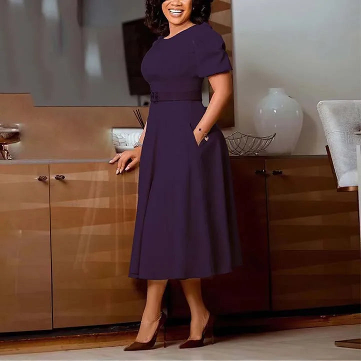 Elegant African Dresses For Women O Neck Short Sleeve Belt Waisted Pleated Mid Calf Fashion Female Birthday Party Dinner Dress