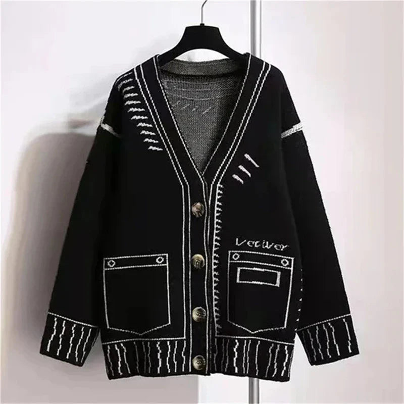 Women’s Fashionable Graffiti Print Cardigan – Long Sleeve Stylish Casual Sweater