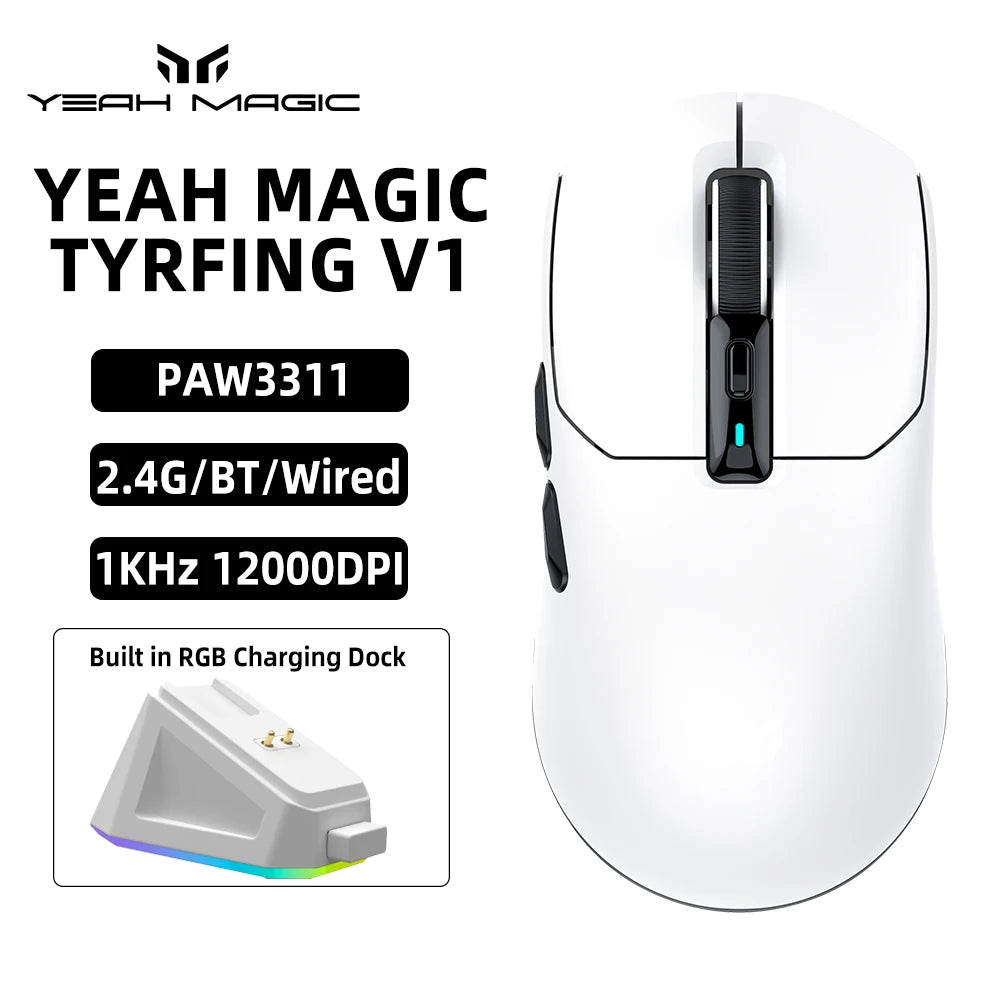 yeah magic V1 PAW3311 12000DPI 59g Wireless Gaming Mouse Right Handed Ergonomic Mouse with RGB Magnetic Screen Charging Base
