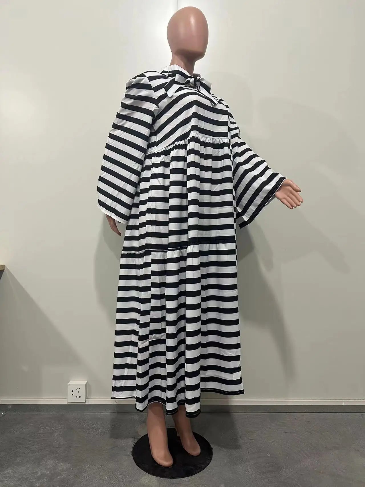 Vintage Women Striped Bowknot Collar Long Sleeve High Waist Big Swing Babydoll Maxi Long Dress New Vestidos Dresses