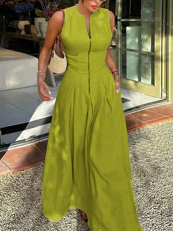 UOOZEE Office Lady Commute Pleated A-line Dress 2025 New Summer Fashion Solid Color Sleeveless Zipper Evening Maxi Dresses
