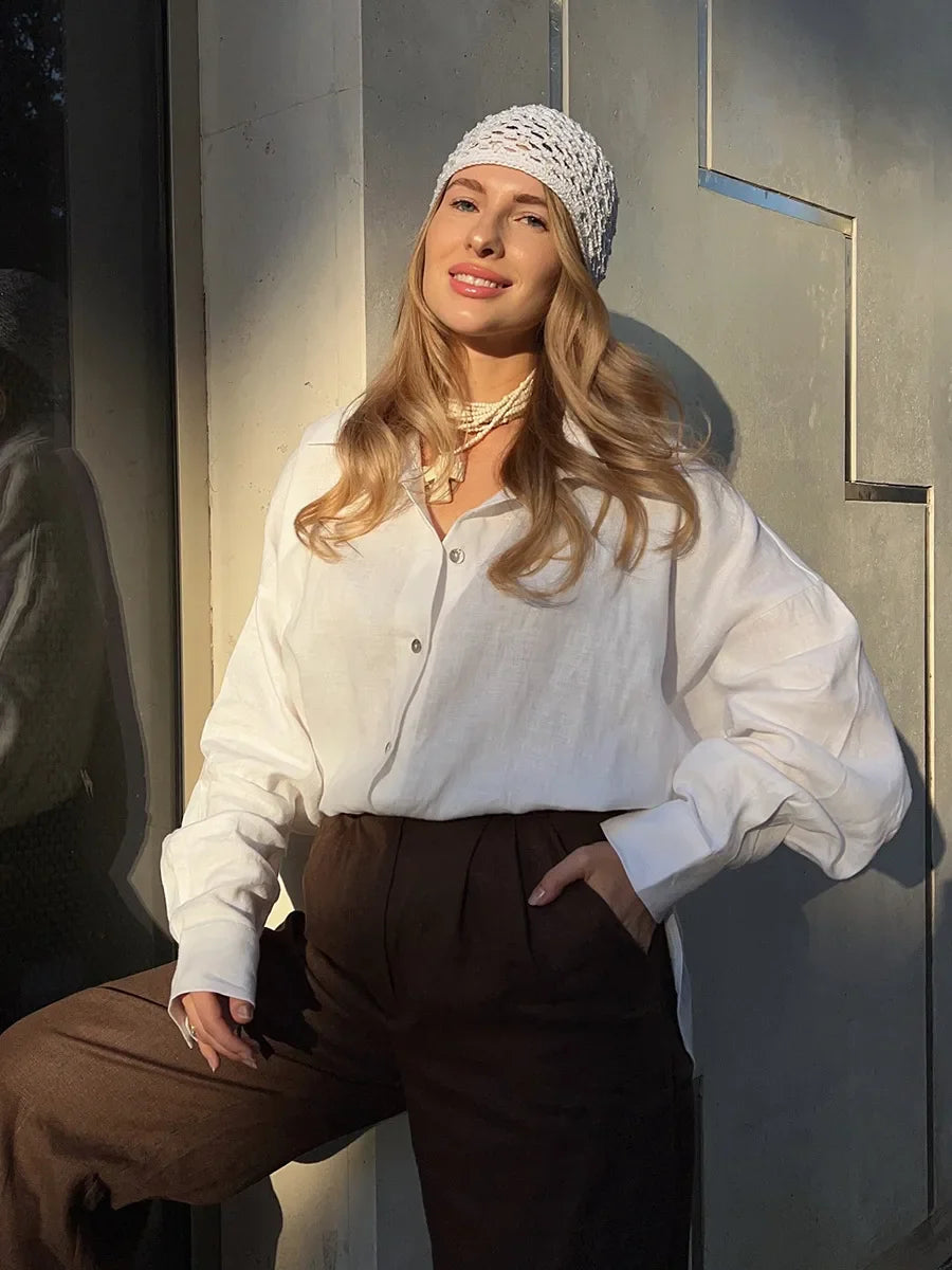 Bornladies 100% Cotton Spring Summer Versatile Lazy Casual Shirt Women's Fashionable Solid Color Loose Shirt Cardigan Shirt