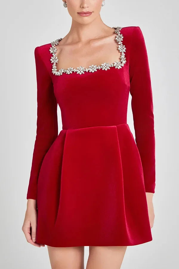Women’s Long Sleeve Mini Dress with Embellished Neckline