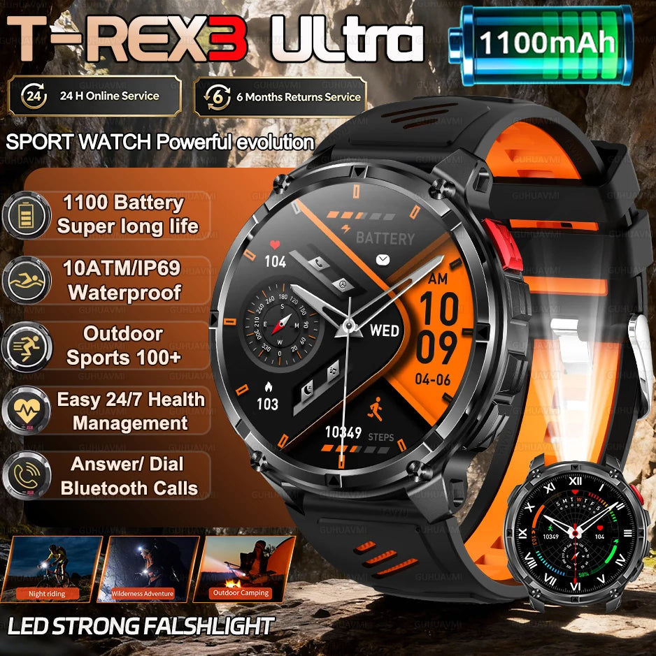 2026 New T-REX3 1100mAh Battery SmartWatch 10ATM Waterproof GPS Bluetooth call 1.7" AMOLED HD Sports Flashlight Smart Watch Men